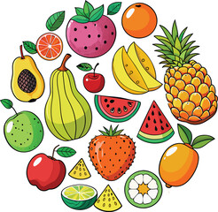 Fruit collection in flat hand drawn style illustrations. Tropical fruit and graphic design elements.