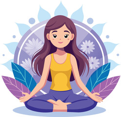 Young Girl Practices Yoga in the Lotus Position Vector illustration