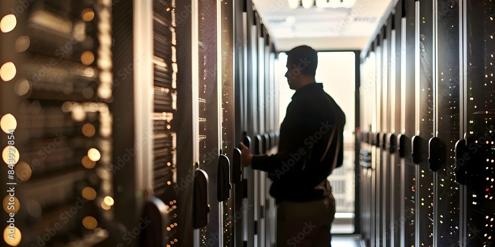 Poster an administrator is surrounded by multiple computer servers in a room. concept technology, network s
