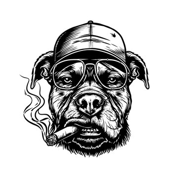 recommend clip art: pitbull, wears retro hat and smoking cigar engraving black and white outline