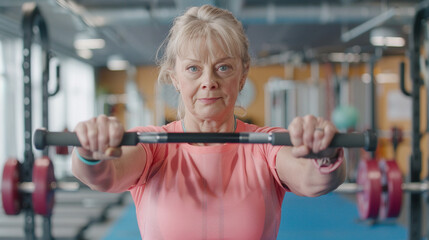 Middle-aged woman wearing pink shirt is doing cable pulldowns in gym. Her arms are bent and she is pulling on cable. Focused on exercise