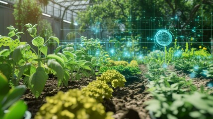 A picture of the individual garden of the future, where an artificial intelligence-based virtual assistant provides recommendations on plant selection, care and pest control. --no text --ar 16:9 -
