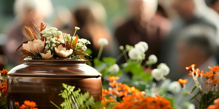Funeral service with people mourning in background and burial urn with flower ashes. Concept Funeral Service, Mourning, Burial Urn, Flower Ashes, Grief