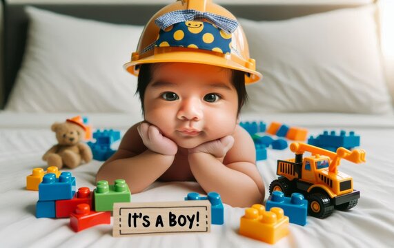 Baby boy with construction helmet, building blocks, and stuffed bear