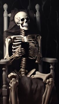 A skeleton is sitting in a chair with a cell phone in its hand. The image has a spooky and eerie mood, as the skeleton is not a real person but a prop