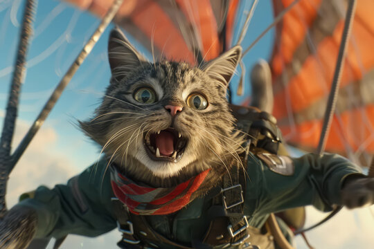 Cute a scared cat jumps with a parachute