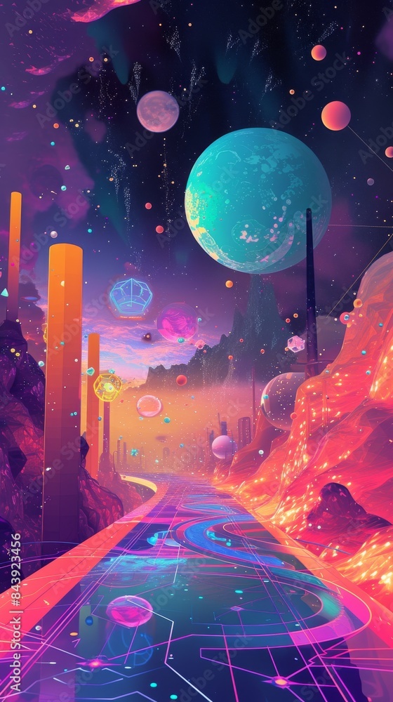 Poster a virtual reality illustration where players are immersed in a board game virtual world controlled b