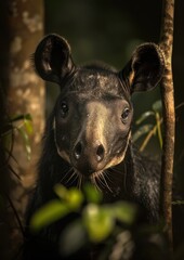 Malayan Mountain Tapir in the Wild - An intimate close-up shot of a Malayan Tapir in its natural habitat, highlighting its distinctive markings and alert expression.