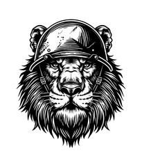 Obraz premium lion, wears retro soldier helmet engraving black and white outline