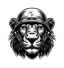 Obraz premium lion, wears retro soldier helmet engraving black and white outline