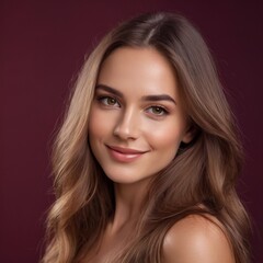 Obraz premium Pretty european beauty woman long hair with makeup glowing face and healthy facial skin portrait smile on isolated burgundy background
