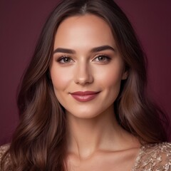 Naklejka premium Pretty european beauty woman long hair with makeup glowing face and healthy facial skin portrait smile on isolated burgundy background