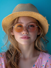 Portrait of Young Girl Wearing Straw Hat and Sunglasses Emphasizing Summer Fashion and Relaxation