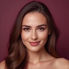 Obraz premium Pretty european beauty woman long hair with makeup glowing face and healthy facial skin portrait smile on isolated burgundy background