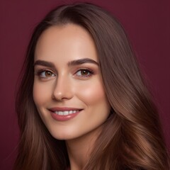 Naklejka premium Pretty european beauty woman long hair with makeup glowing face and healthy facial skin portrait smile on isolated burgundy background