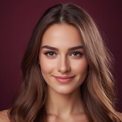 Naklejka premium Pretty european beauty woman long hair with makeup glowing face and healthy facial skin portrait smile on isolated burgundy background