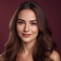 Naklejka premium Pretty european beauty woman long hair with makeup glowing face and healthy facial skin portrait smile on isolated burgundy background