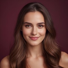 Obraz premium Pretty european beauty woman long hair with makeup glowing face and healthy facial skin portrait smile on isolated burgundy background
