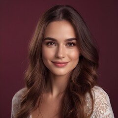 Naklejka premium Pretty european beauty woman long hair with makeup glowing face and healthy facial skin portrait smile on isolated burgundy background