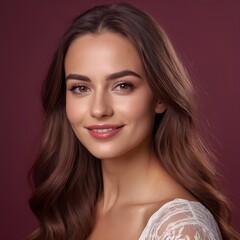Fototapeta premium Pretty european beauty woman long hair with makeup glowing face and healthy facial skin portrait smile on isolated burgundy background