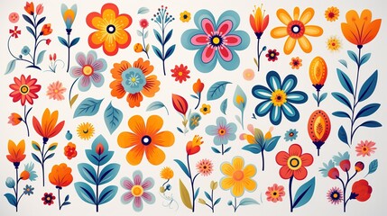 Hippie flowers set. Hippy style blossoms, retro vintage hand drawn decorative elements