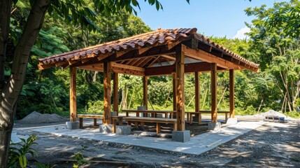 The construction of a sy wooden gazebo providing a shaded area for visitors to relax and enjoy the scenic views of the park.
