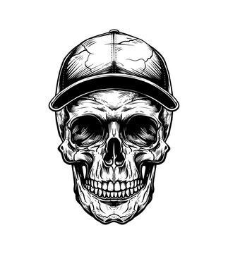recommend clip art: skull, baseball hat cap engraving black and white outline