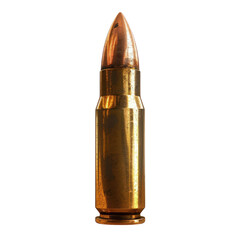 Close-up of a single bullet cartridge with a brass casing and copper-tipped projectile, isolated on a white background.