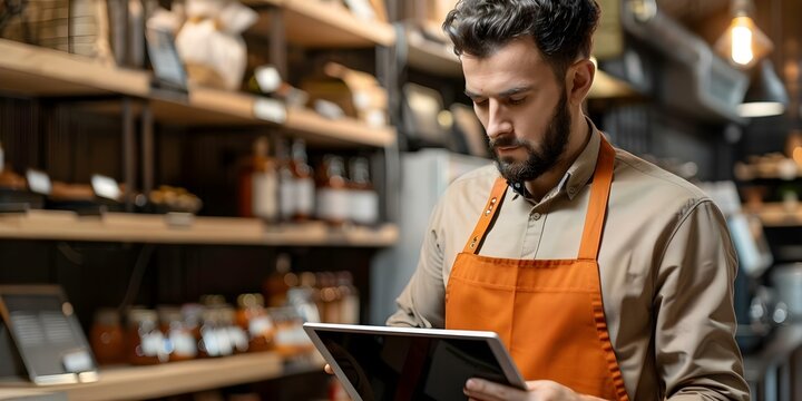 Male deli worker utilizes tablet for inventory management in artisanal shop. Concept Small business technology, Inventory management, Tablet usage, Deli worker, Artisanal shop - Powered by Adobe