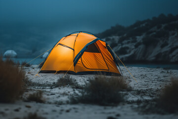 Camping tent on the beach at night Tent lit from inside Night camping Rest by the sea