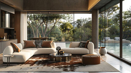 Fototapeta premium A stylish sitting area with plush furniture and floor-to-ceiling windows overlooking a beautiful swimming area in a modern home