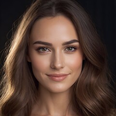 Fototapeta premium Pretty european beauty woman long hair with makeup glowing face and healthy facial skin portrait smile on isolated dark background