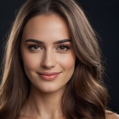 Obraz premium Pretty european beauty woman long hair with makeup glowing face and healthy facial skin portrait smile on isolated dark background