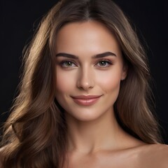 Fototapeta premium Pretty european beauty woman long hair with makeup glowing face and healthy facial skin portrait smile on isolated dark background