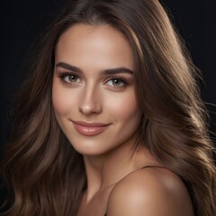 Obraz premium Pretty european beauty woman long hair with makeup glowing face and healthy facial skin portrait smile on isolated dark background