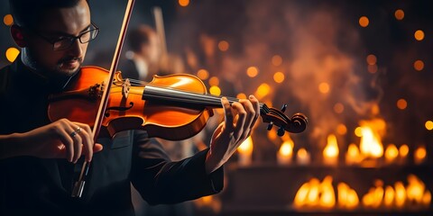 Fototapeta premium Live classical music concert by symphonic orchestra featuring professional musicians on stage. Concept Classical Music, Live Concert, Symphonic Orchestra, Professional Musicians, Stage Performance