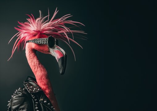 Punk rock flamingo with vibrant pink feathers and studded leather jacket
