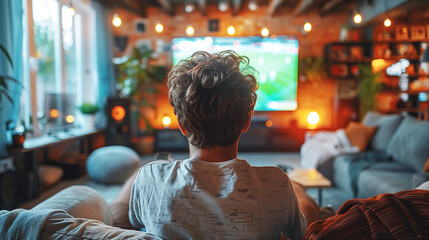 Fototapeta premium A young guy sitting at home on a soft sofa, watching a football match on TV in a cozy environment.