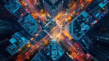 Obraz premium Illuminated Cityscape with Converging Highways and Skyscrapers at Night