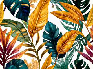 Abstract luxury art background with exotic leaves in watercolor style with golden art line elements. Botanical banner with tropical plants for wallpaper design.