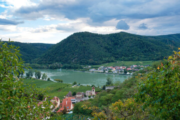 The medieval town of Durnstein along the Danube river. Wachau Valley, Austria