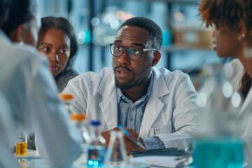 A group of scientists discussing research findings in a modern laboratory setting, surrounded by equipment and samples.