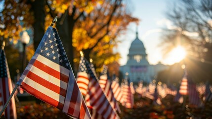 Naklejka premium American flags in a park with the Capitol building in the background during a beautiful autumn sunrise, symbolizing patriotism and national pride.