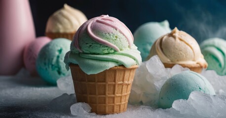 Vibrant Ice Cream Scoops and Berries in Natural Setting