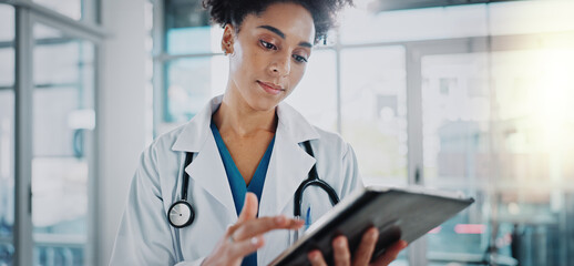 Woman, doctor and tablet in hospital office for Telehealth solution, online consultation and...