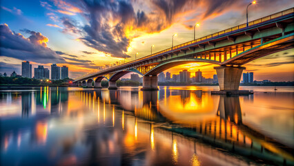 A large city bridge with bright lighting crossing a wide river against the backdrop of sunset.