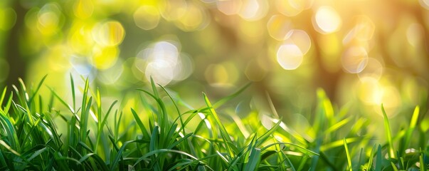 Close-up of vibrant green grass with a beautiful bokeh background, sunlight shining through trees creating a serene nature scene.