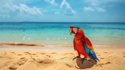 Parrot on sandy beach near sea. Beach holiday background.