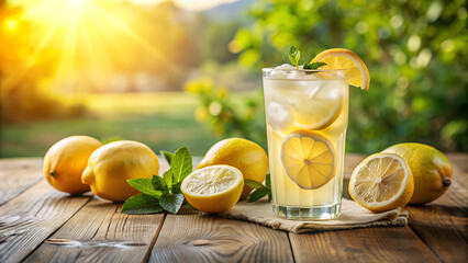 A glass of chilled lemonade with ice and lemon slices standing on a wooden table against the backdrop of a sunny day.