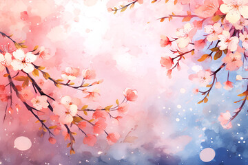 Fototapeta premium Cherry blossoms in watercolor, spring beauty with pastel background, cherry blossom branches, watercolor art with pink and blue shade A